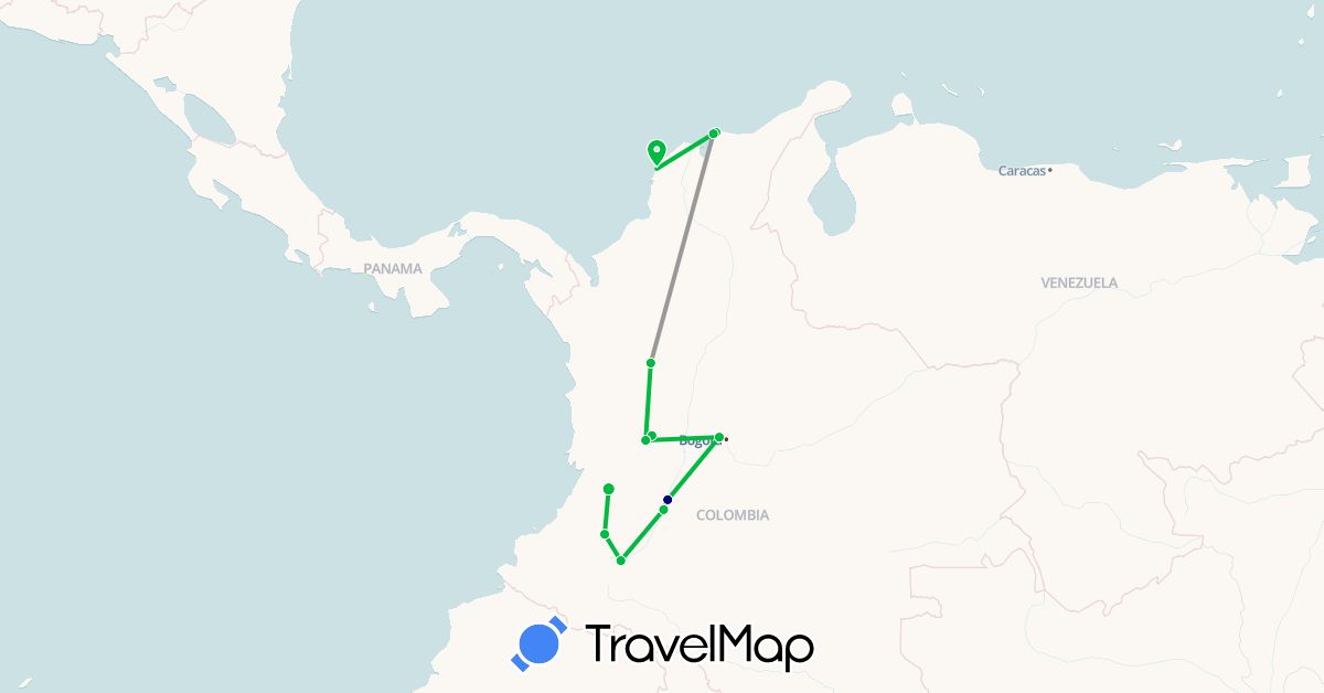 TravelMap itinerary: driving, bus, plane in Colombia (South America)